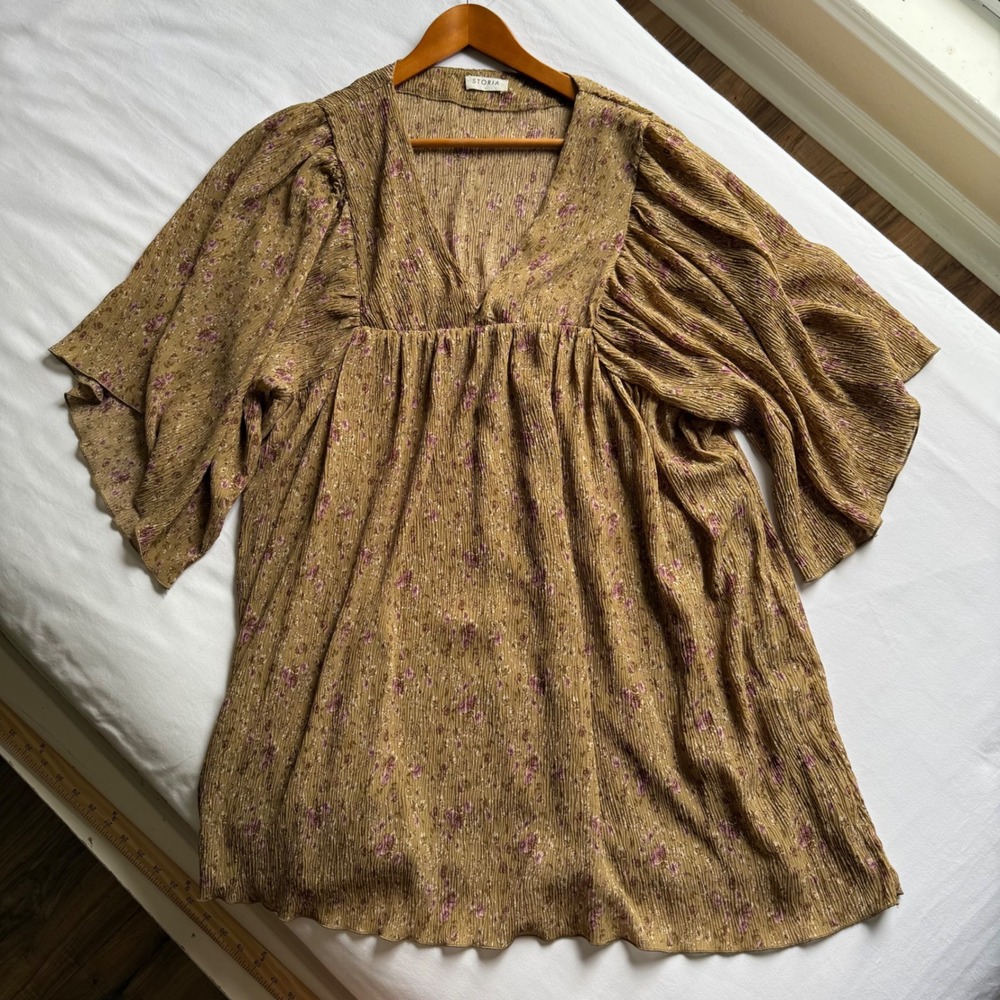 Storia Anthropology Floral V-Neck Empire Waist Mini Dress Tunic L Cottage Boho